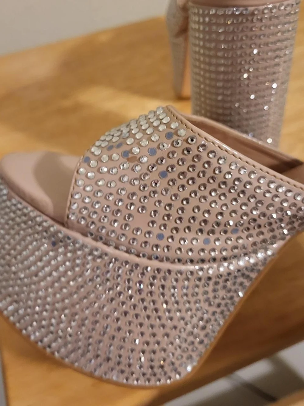 Platform Mule Heels with Crystal Embellishment - Nude